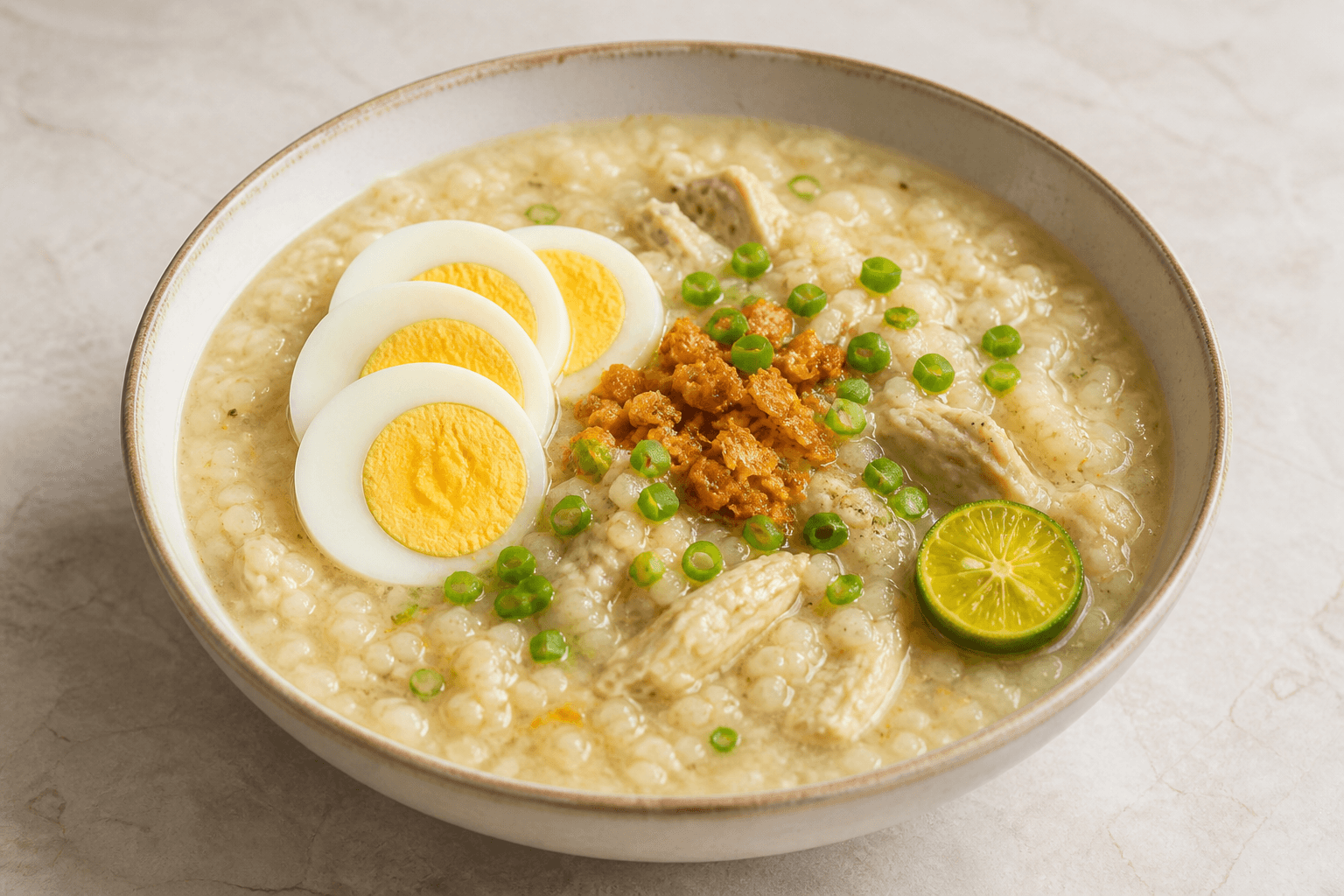 Arroz caldo with boiled egg and calamansi