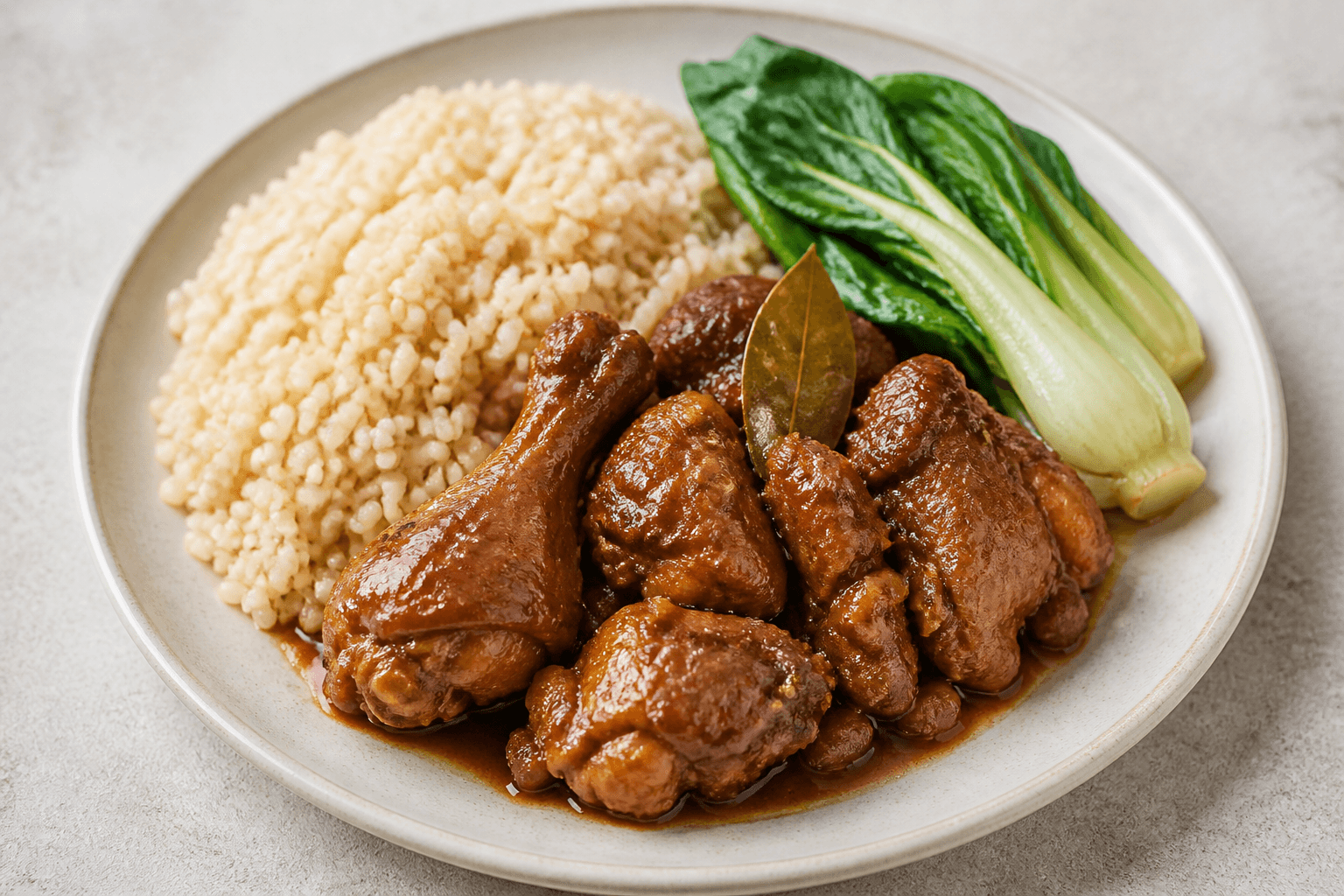 Chicken adobo with brown rice and pechay